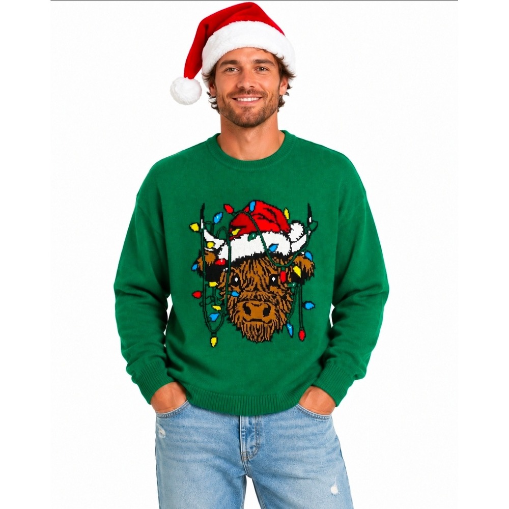 Freeze Mens XL Green Highland Cow Santa Christmas Lights Ugly Sweater Holiday